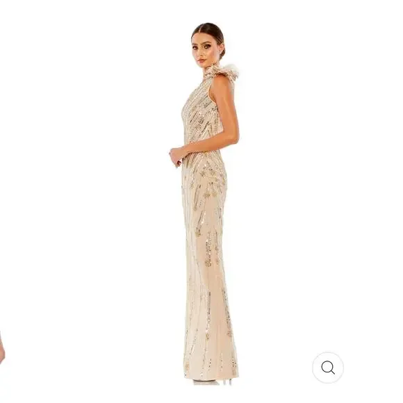 MAC DUGGALGold Embellished Floral Detail One Shoulder Gown Size 8 NWT